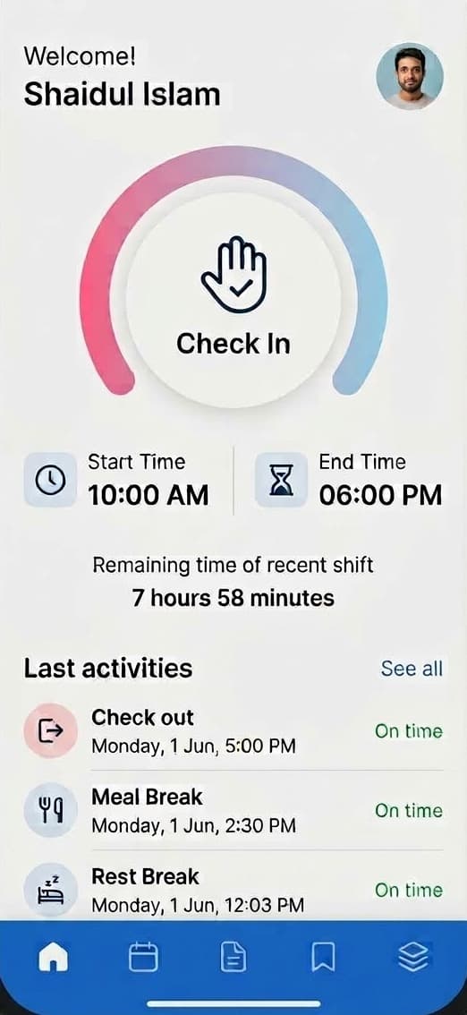 HRM mobile app — One-tap check-in